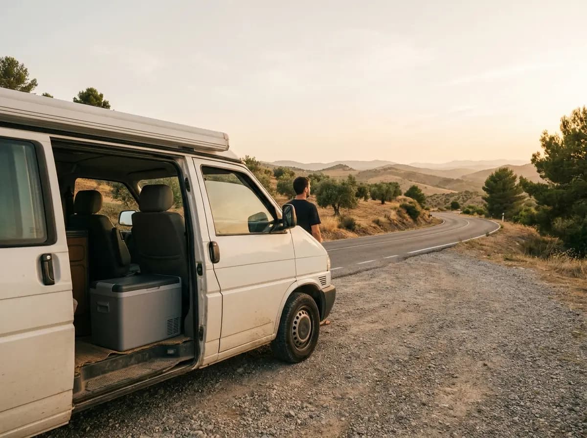 Furgoneta camper blanca aparcada en una carretera de montaña al atardecer, con una nevera portátil dentro. Foto generada con IA.